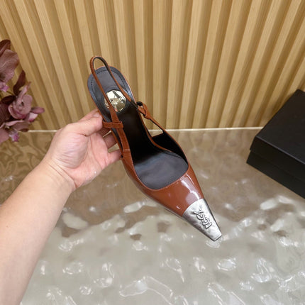 YSL 25S HIGH-HEEL SLINGBACKS 85 MM IN REDWOOD BROWN LAMBSKIN AND SILVER HARDWARE