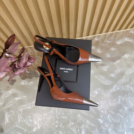 YSL 25S HIGH-HEEL SLINGBACKS 85 MM IN REDWOOD BROWN LAMBSKIN AND SILVER HARDWARE
