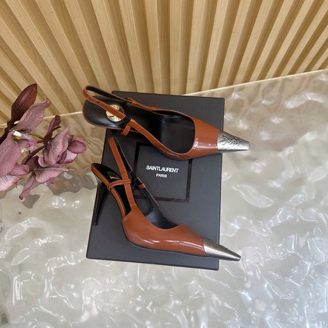YSL 25S HIGH-HEEL SLINGBACKS 105 MM IN REDWOOD BROWN LAMBSKIN AND SILVER HARDWARE