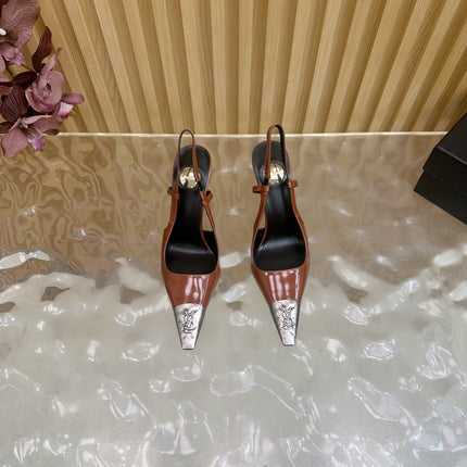 YSL 25S HIGH-HEEL SLINGBACKS 85 MM IN REDWOOD BROWN LAMBSKIN AND SILVER HARDWARE