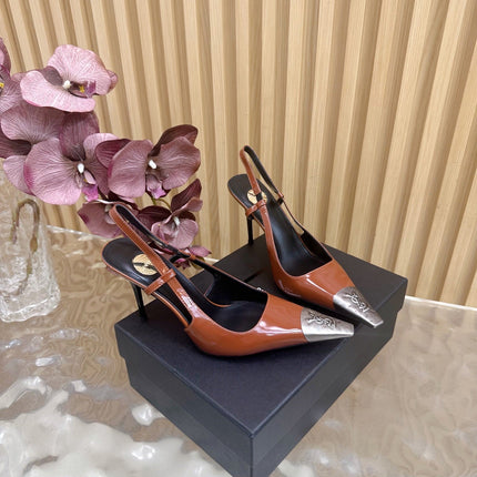 YSL 25S HIGH-HEEL SLINGBACKS 105 MM IN REDWOOD BROWN LAMBSKIN AND SILVER HARDWARE