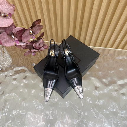 YSL 25S HIGH-HEEL SLINGBACKS 105 MM IN BLACK SHINY LAMBSKIN AND SILVER HARDWARE