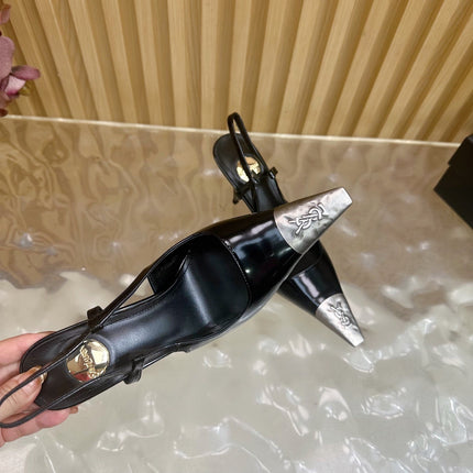 YSL 25S HIGH-HEEL SLINGBACKS 105 MM IN BLACK SHINY LAMBSKIN AND SILVER HARDWARE
