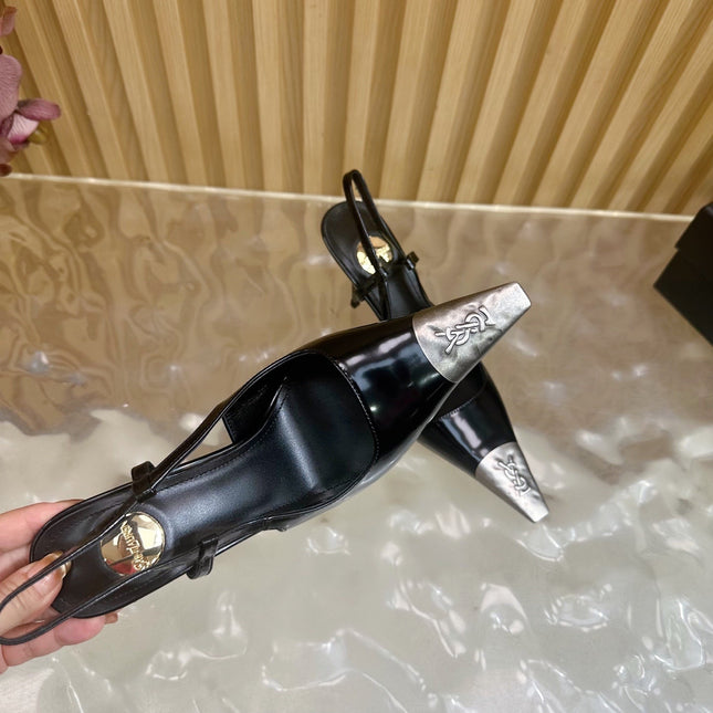 YSL 25S HIGH-HEEL SLINGBACKS 85 MM IN BLACK SHINY LAMBSKIN AND SILVER HARDWARE