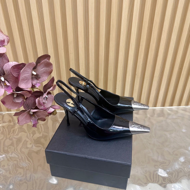 YSL 25S HIGH-HEEL SLINGBACKS 105 MM IN BLACK SHINY LAMBSKIN AND SILVER HARDWARE