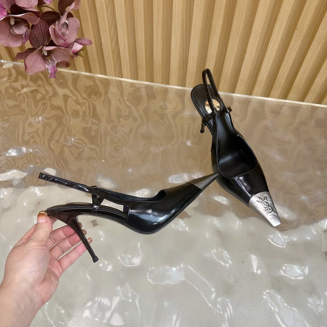 YSL 25S HIGH-HEEL SLINGBACKS 105 MM IN BLACK SHINY LAMBSKIN AND SILVER HARDWARE