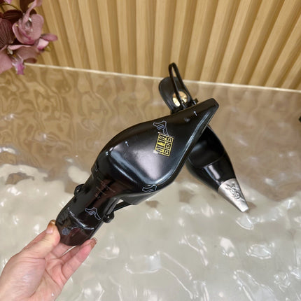 YSL 25S HIGH-HEEL SLINGBACKS 105 MM IN BLACK SHINY LAMBSKIN AND SILVER HARDWARE