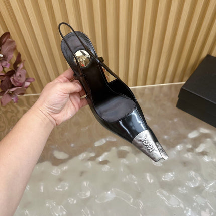 YSL 25S HIGH-HEEL SLINGBACKS 105 MM IN BLACK SHINY LAMBSKIN AND SILVER HARDWARE