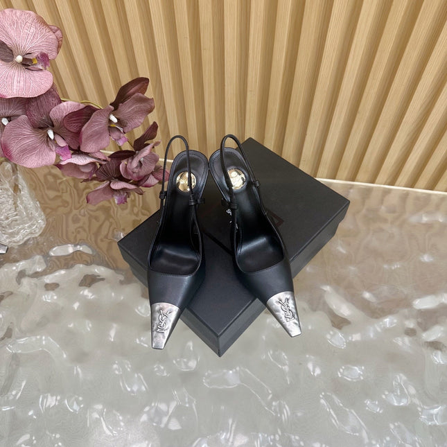 YSL 25S HIGH-HEEL SLINGBACKS 85 MM IN BLACK LAMBSKIN AND SILVER HARDWARE