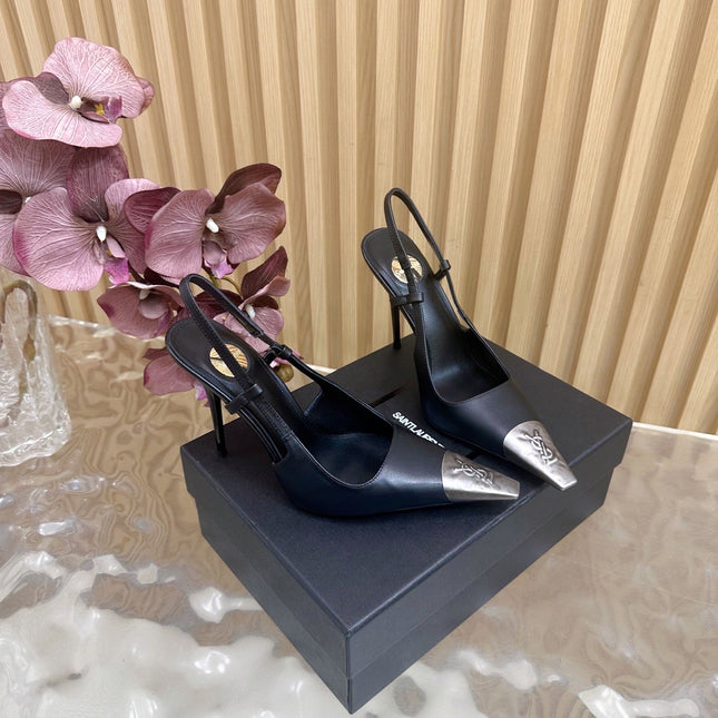 YSL 25S HIGH-HEEL SLINGBACKS 105 MM IN BLACK LAMBSKIN AND SILVER HARDWARE