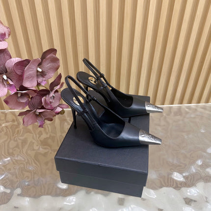 YSL 25S HIGH-HEEL SLINGBACKS 85 MM IN BLACK LAMBSKIN AND SILVER HARDWARE