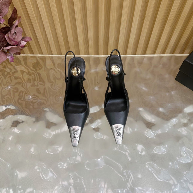 YSL 25S HIGH-HEEL SLINGBACKS 105 MM IN BLACK LAMBSKIN AND SILVER HARDWARE