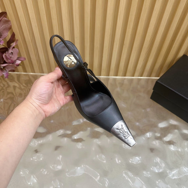 YSL 25S HIGH-HEEL SLINGBACKS 85 MM IN BLACK LAMBSKIN AND SILVER HARDWARE