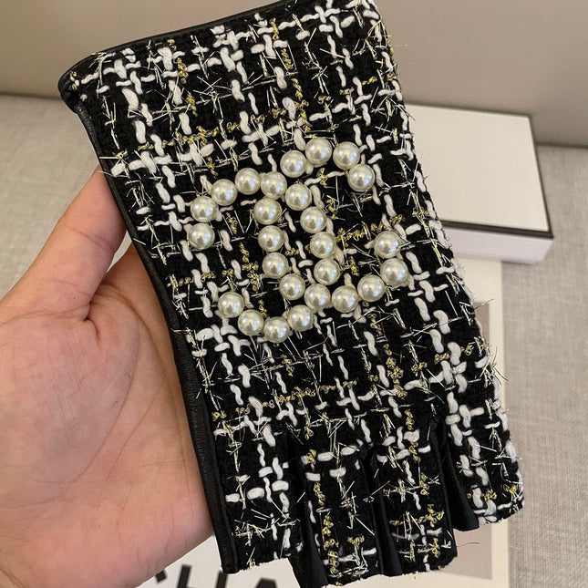 FINGERLESS GLOVES IN BLACK MIX WHITE WOOL TWEED 463847