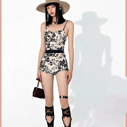 CC BIKINI SWIMSUIT SET IN IVORY WITH BLACK VELVET FLORAL EMBROIDERY 581303