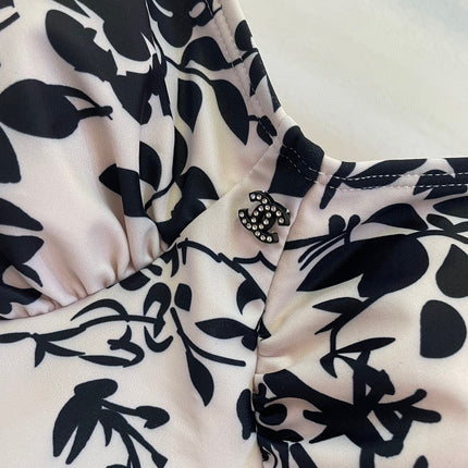 CC BIKINI SWIMSUIT SET IN IVORY WITH BLACK VELVET FLORAL EMBROIDERY 581303