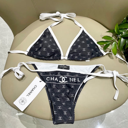 CC BIKINI SWIMSUIT SET IN BLACK AND WHITE TRIM WHITE LOGO PRINTED 608921