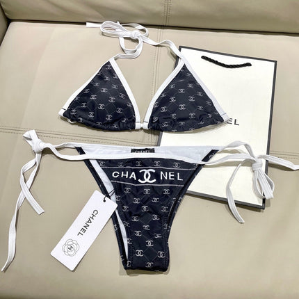 CC BIKINI SWIMSUIT SET IN BLACK AND WHITE TRIM WHITE LOGO PRINTED 608921