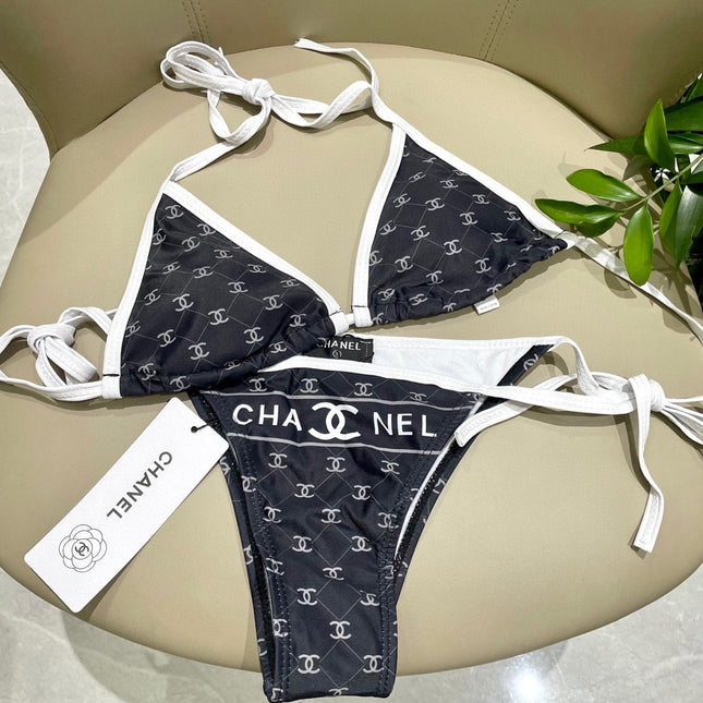 CC BIKINI SWIMSUIT SET IN BLACK AND WHITE TRIM WHITE LOGO PRINTED 608921