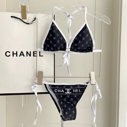 CC BIKINI SWIMSUIT SET IN BLACK AND WHITE TRIM WHITE LOGO PRINTED 608921