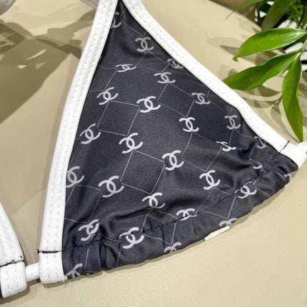 CC BIKINI SWIMSUIT SET IN BLACK AND WHITE TRIM WHITE LOGO PRINTED 608921