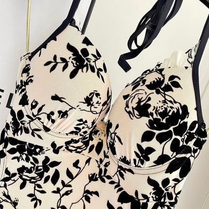 CC BIKINI SWIMSUIT SET IN IVORY MESH WITH BLACK VELVET FLORAL EMBROIDERY 622181