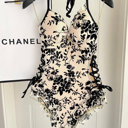 CC BIKINI SWIMSUIT SET IN IVORY MESH WITH BLACK VELVET FLORAL EMBROIDERY 622181