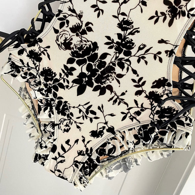 CC BIKINI SWIMSUIT SET IN IVORY MESH WITH BLACK VELVET FLORAL EMBROIDERY 622181