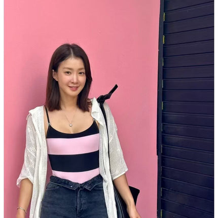 SWIMSUIT IN BLACK AND PINK HORIZONTAL STRIPES 626019