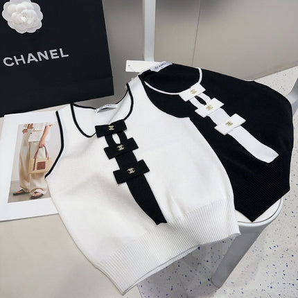 TANK TOP 610340 IN BLACK COTTON RIBBED WHITE BOW