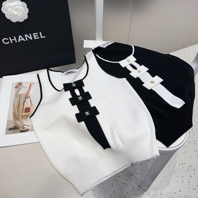 TANK TOP 610340 IN BLACK COTTON RIBBED WHITE BOW