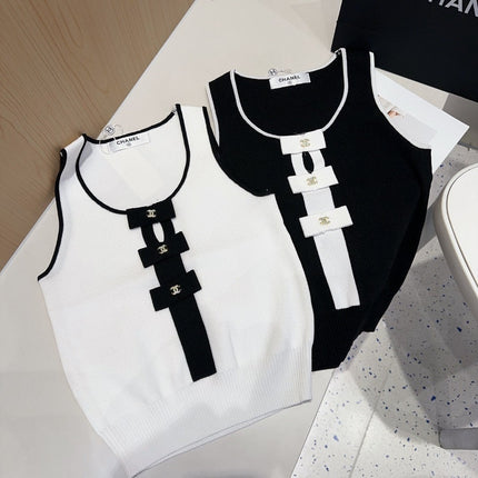 TANK TOP 610340 IN BLACK COTTON RIBBED WHITE BOW