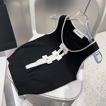 TANK TOP 610340 IN BLACK COTTON RIBBED WHITE BOW