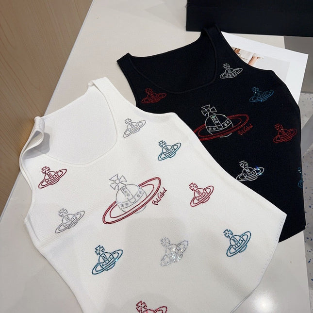 TANK TOP 639168 IN BLACK COTTON RIBBED KNIT EMBOSSED CRYSTAL