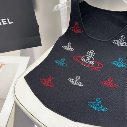 TANK TOP 639168 IN BLACK COTTON RIBBED KNIT EMBOSSED CRYSTAL