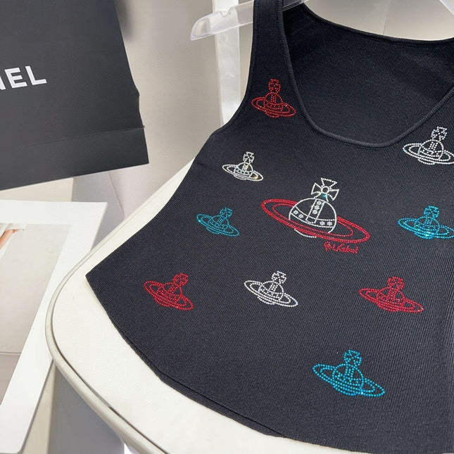 TANK TOP 639168 IN BLACK COTTON RIBBED KNIT EMBOSSED CRYSTAL