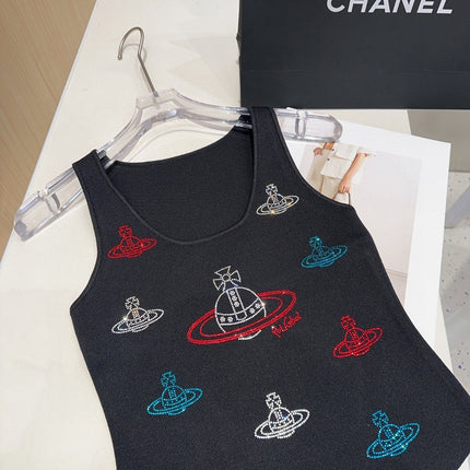 TANK TOP 639168 IN BLACK COTTON RIBBED KNIT EMBOSSED CRYSTAL