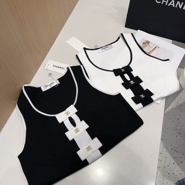 TANK TOP 610341 IN WHITE COTTON RIBBED BLACK BOW