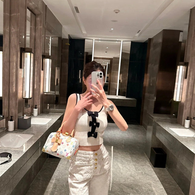 TANK TOP 610341 IN WHITE COTTON RIBBED BLACK BOW