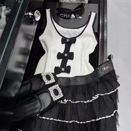 TANK TOP 610341 IN WHITE COTTON RIBBED BLACK BOW