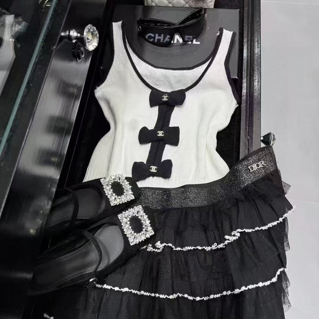 TANK TOP 610341 IN WHITE COTTON RIBBED BLACK BOW