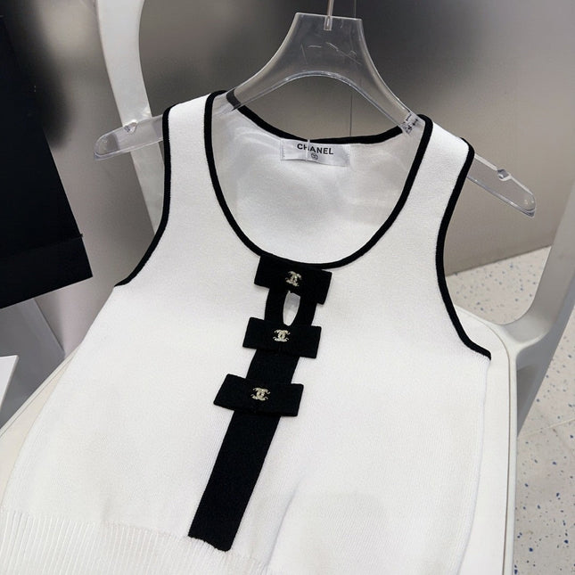 TANK TOP 610341 IN WHITE COTTON RIBBED BLACK BOW