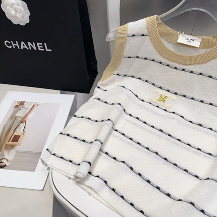 STRIPED TANK TOP 615178 IN WHITE COTTON RIBBED BEIGE TRIM