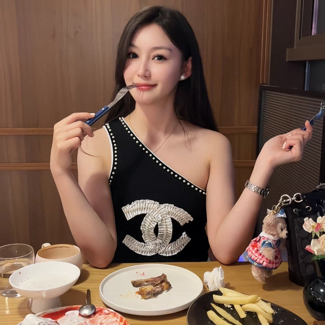 ONE SHOULDER TOP 622139 IN BLACK COTTON EMBOSSED PEARL TRIM