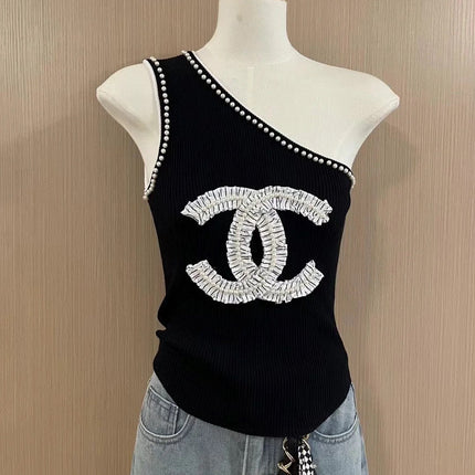 ONE SHOULDER TOP 622139 IN BLACK COTTON EMBOSSED PEARL TRIM