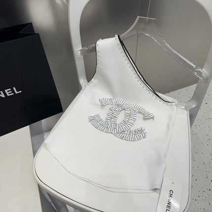 ONE SHOULDER TOP 622140 IN WHITE COTTON EMBOSSED PEARL TRIM