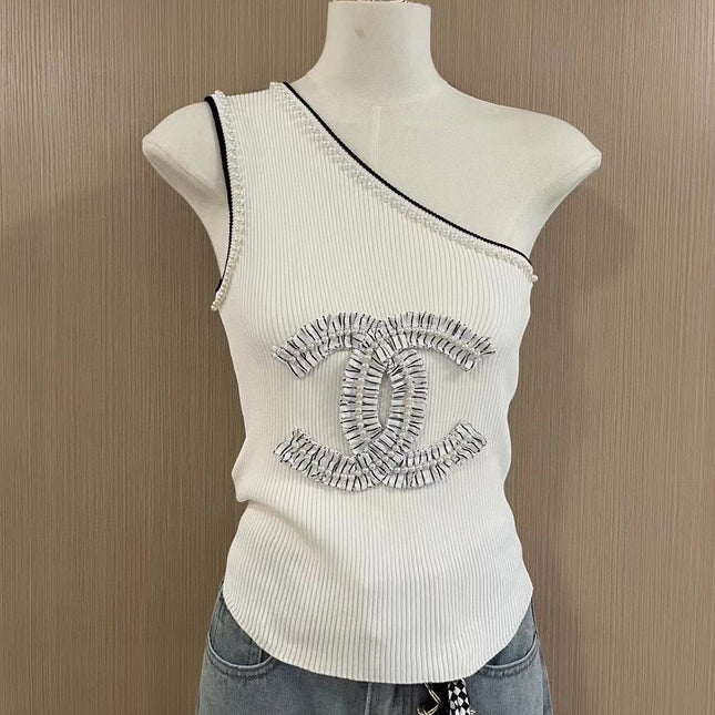 ONE SHOULDER TOP 622140 IN WHITE COTTON EMBOSSED PEARL TRIM