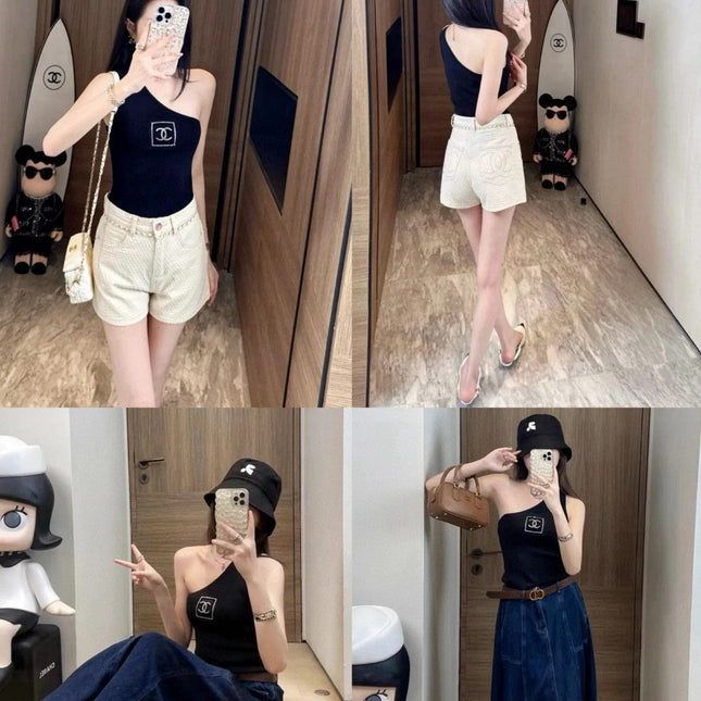 ONE SHOULDER TOP 624509 IN BLACK COTTON MULTICOLOR LOGO