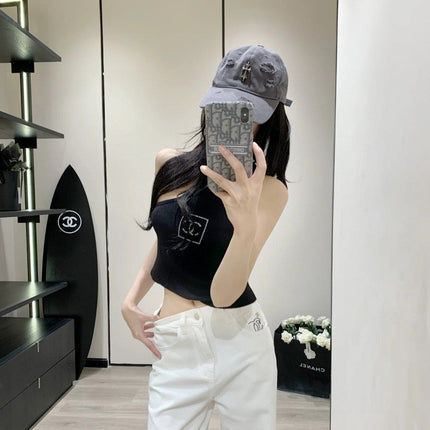 ONE SHOULDER TOP 624509 IN BLACK COTTON MULTICOLOR LOGO