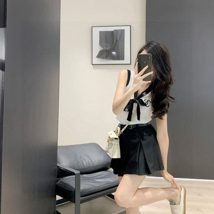 TANK TOP 624514 IN WHITE COTTON RIBBED BLACK TRIM AND BOW